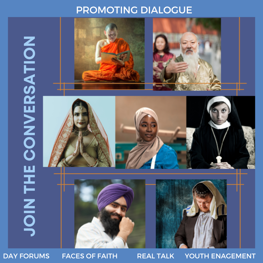 A flyer with the words 'Join the Conversation.' Photos of various people from different faith backgrounds are on the flyer.